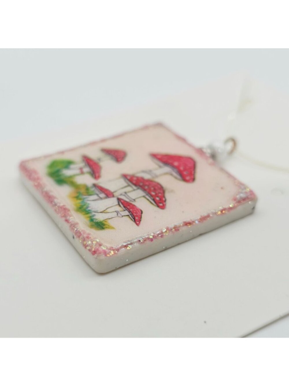Handmade Mushroom Art Pendant Necklace Glitter Accents & White Bead Detail 1" - Picture 4 of 6